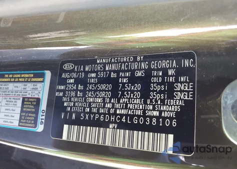 2020 Kia Telluride S z USA, uszkodzony, nr VIN 5XYP6DHC4LG038106